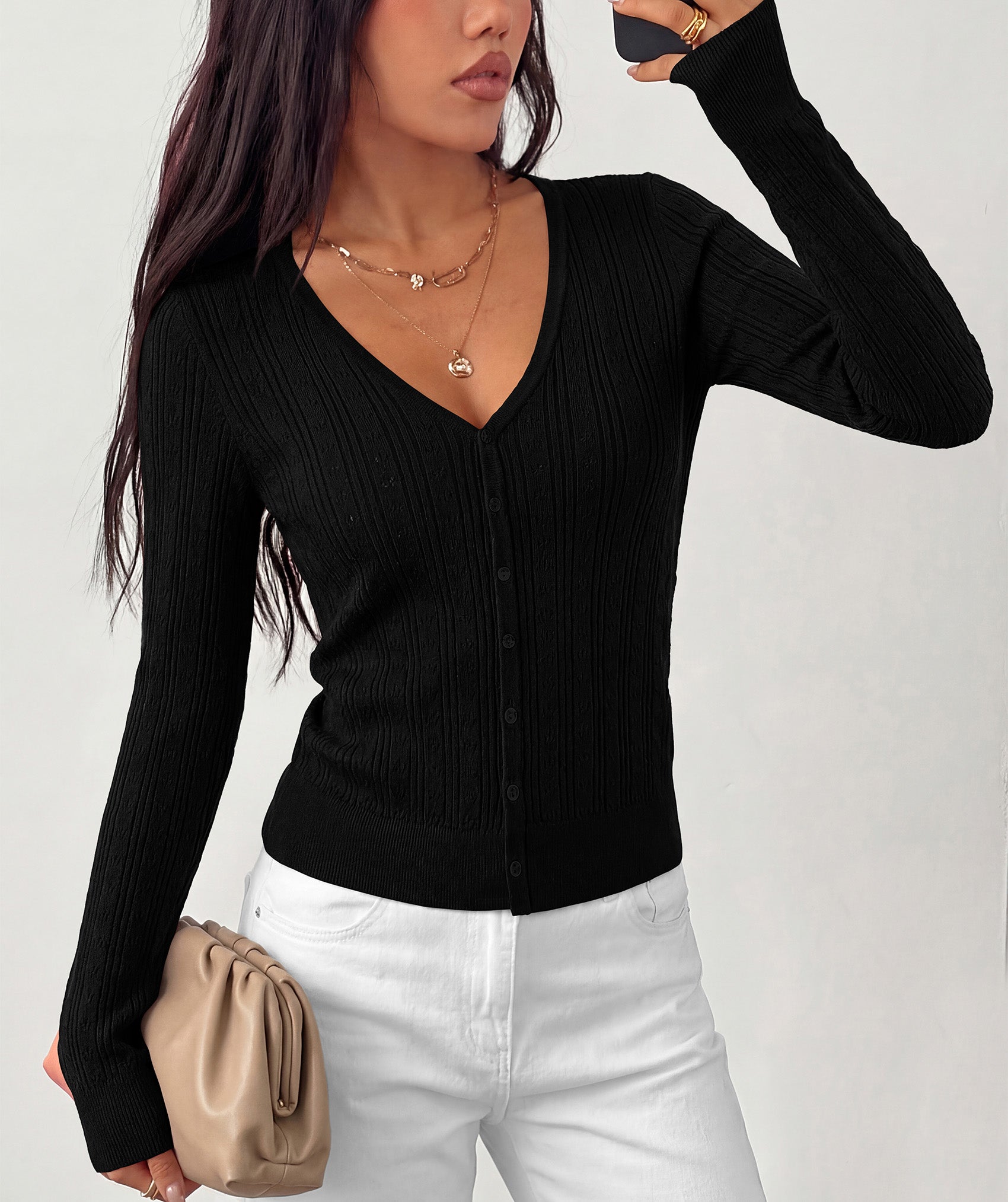 MASCOMODA Women Lightweight Long Sleeve Cardigan Sweaters Button Down V Neck Ribbed Open Front Cardigans Knit Fall Outfits