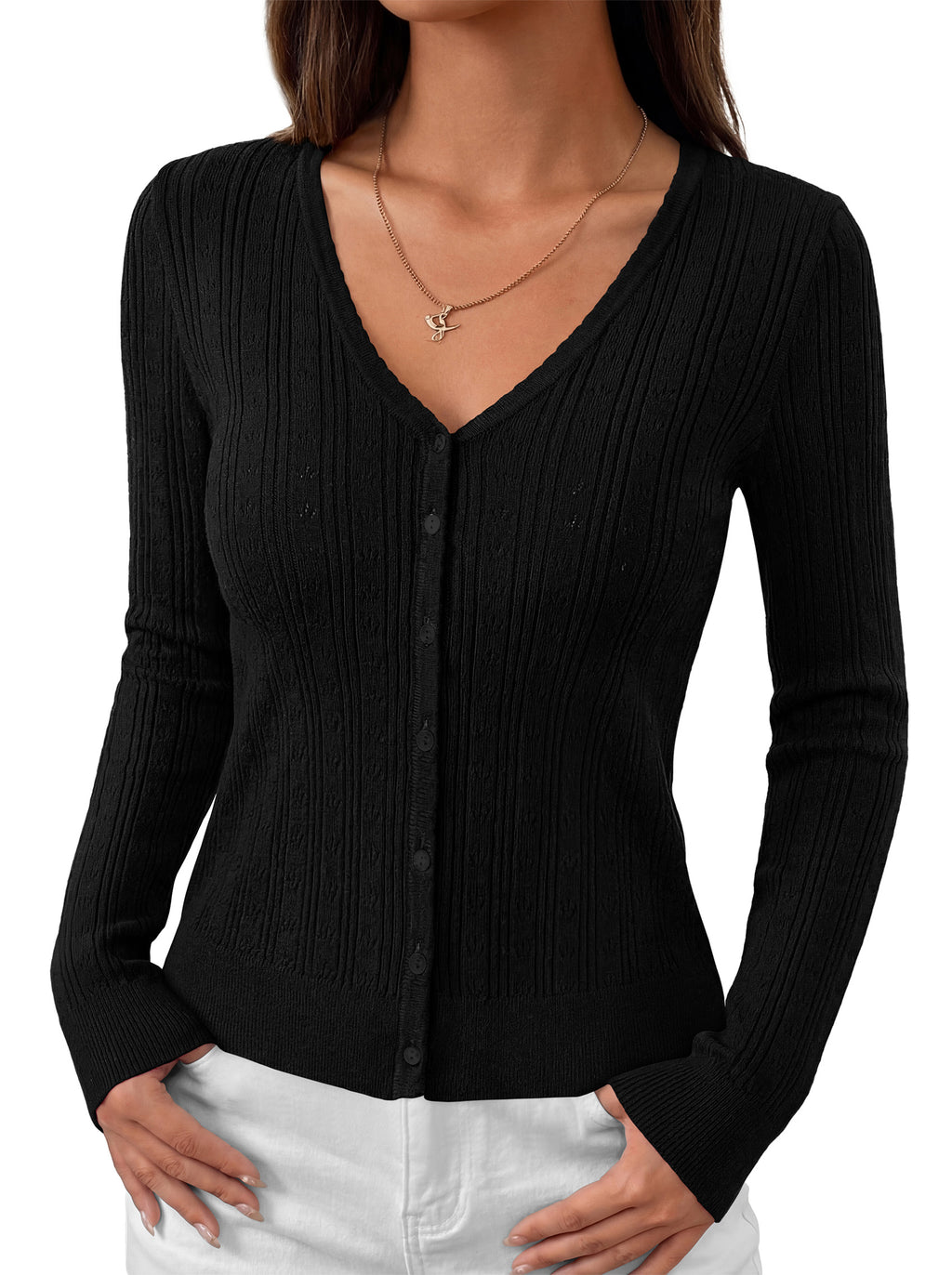 MASCOMODA Women Lightweight Long Sleeve Cardigan Sweaters Button Down V Neck Ribbed Open Front Cardigans Knit Fall Outfits