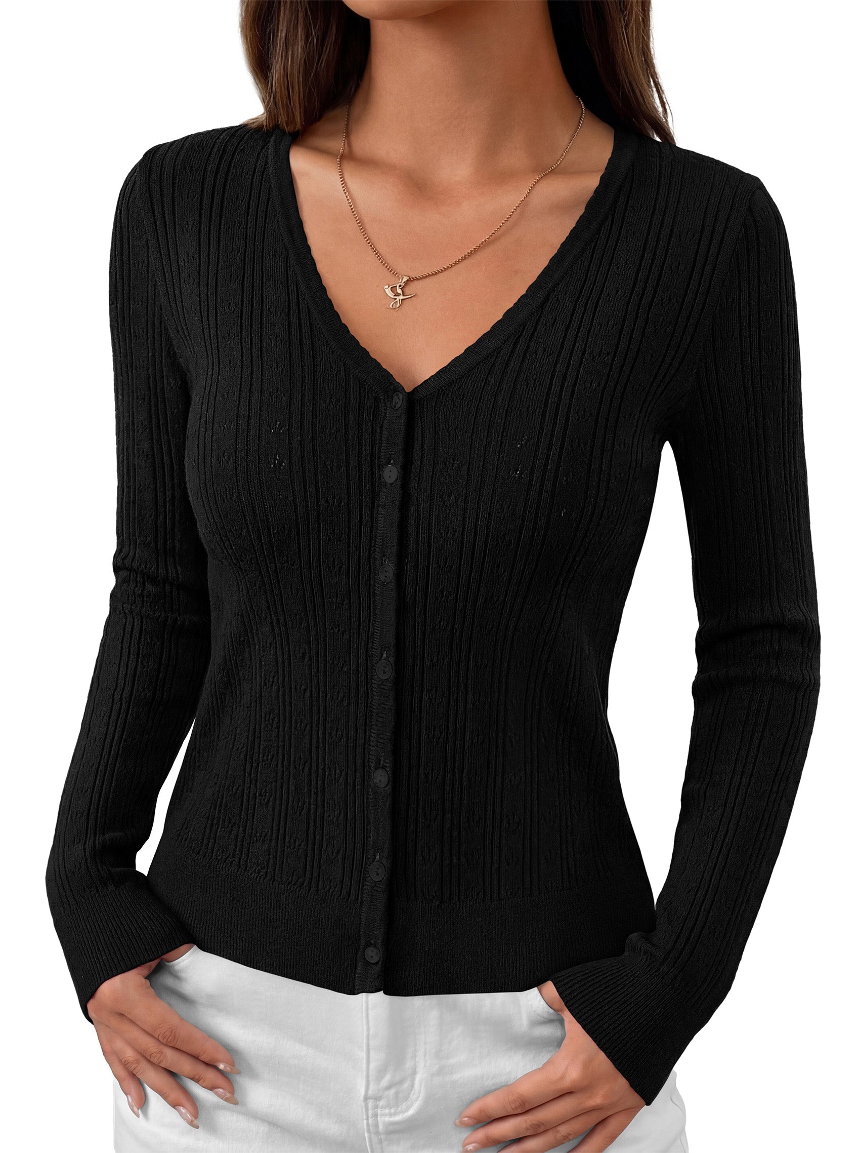 MASCOMODA Women Lightweight Long Sleeve Cardigan Sweaters Button Down V Neck Ribbed Open Front Cardigans Knit Fall Outfits