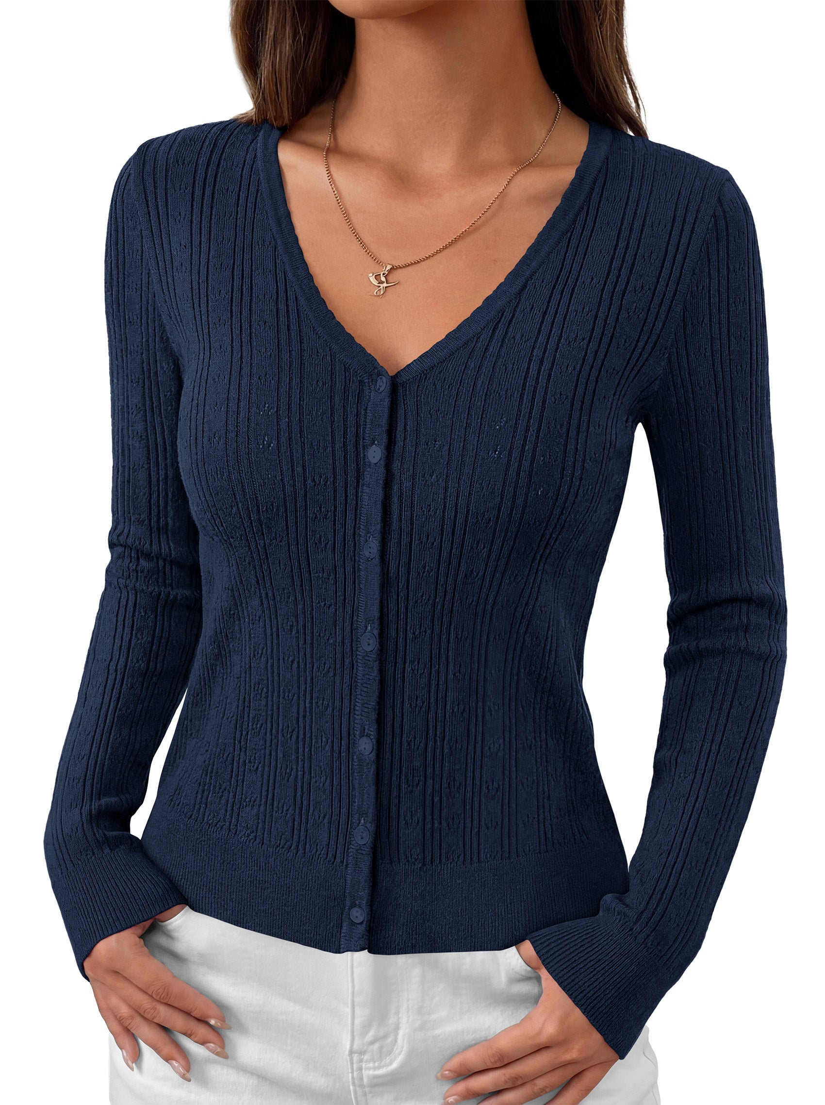 MASCOMODA Women Lightweight Long Sleeve Cardigan Sweaters Button Down V Neck Ribbed Open Front Cardigans Knit Fall Outfits