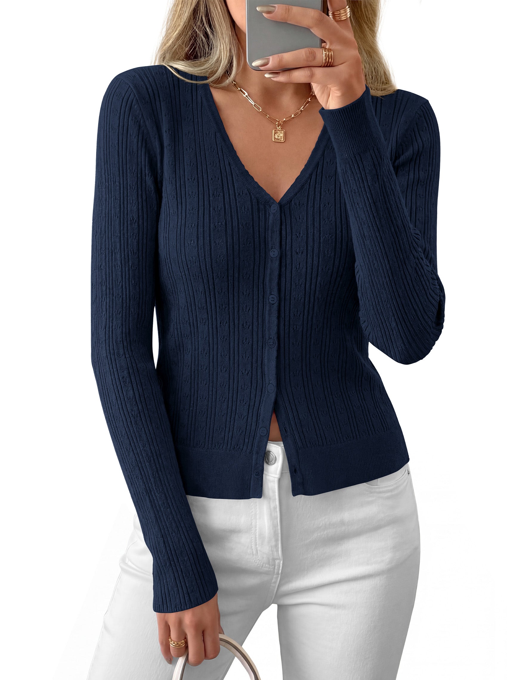 MASCOMODA Women Lightweight Long Sleeve Cardigan Sweaters Button Down V Neck Ribbed Open Front Cardigans Knit Fall Outfits