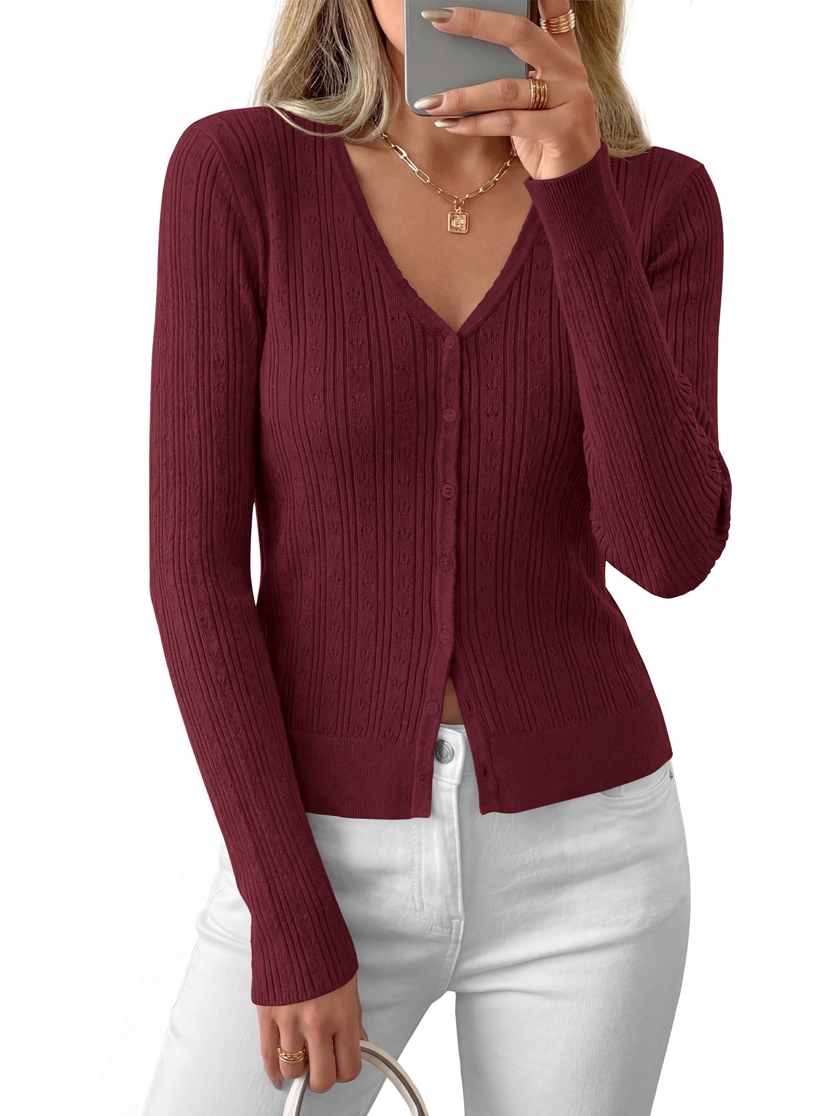 MASCOMODA Women Lightweight Long Sleeve Cardigan Sweaters Button Down V Neck Ribbed Open Front Cardigans Knit Fall Outfits
