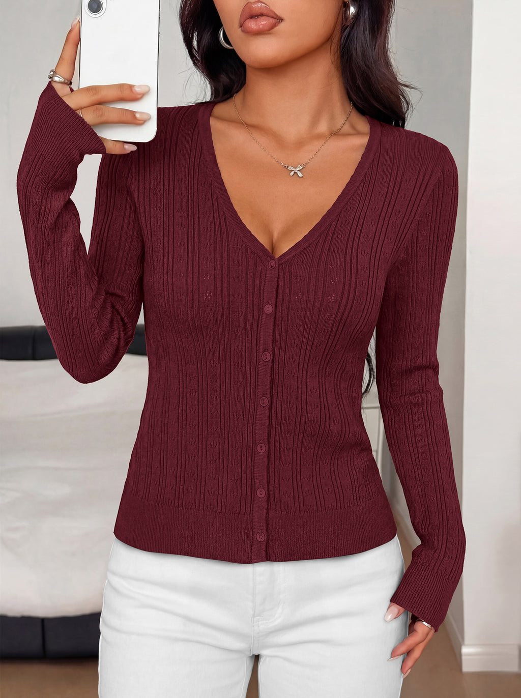 MASCOMODA Women Lightweight Long Sleeve Cardigan Sweaters Button Down V Neck Ribbed Open Front Cardigans Knit Fall Outfits