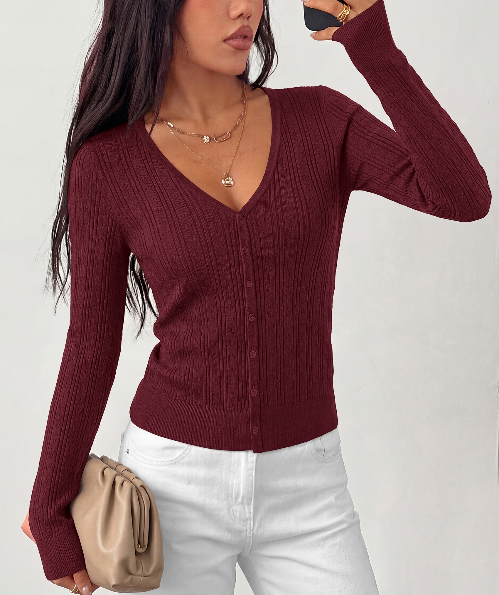 MASCOMODA Women Lightweight Long Sleeve Cardigan Sweaters Button Down V Neck Ribbed Open Front Cardigans Knit Fall Outfits