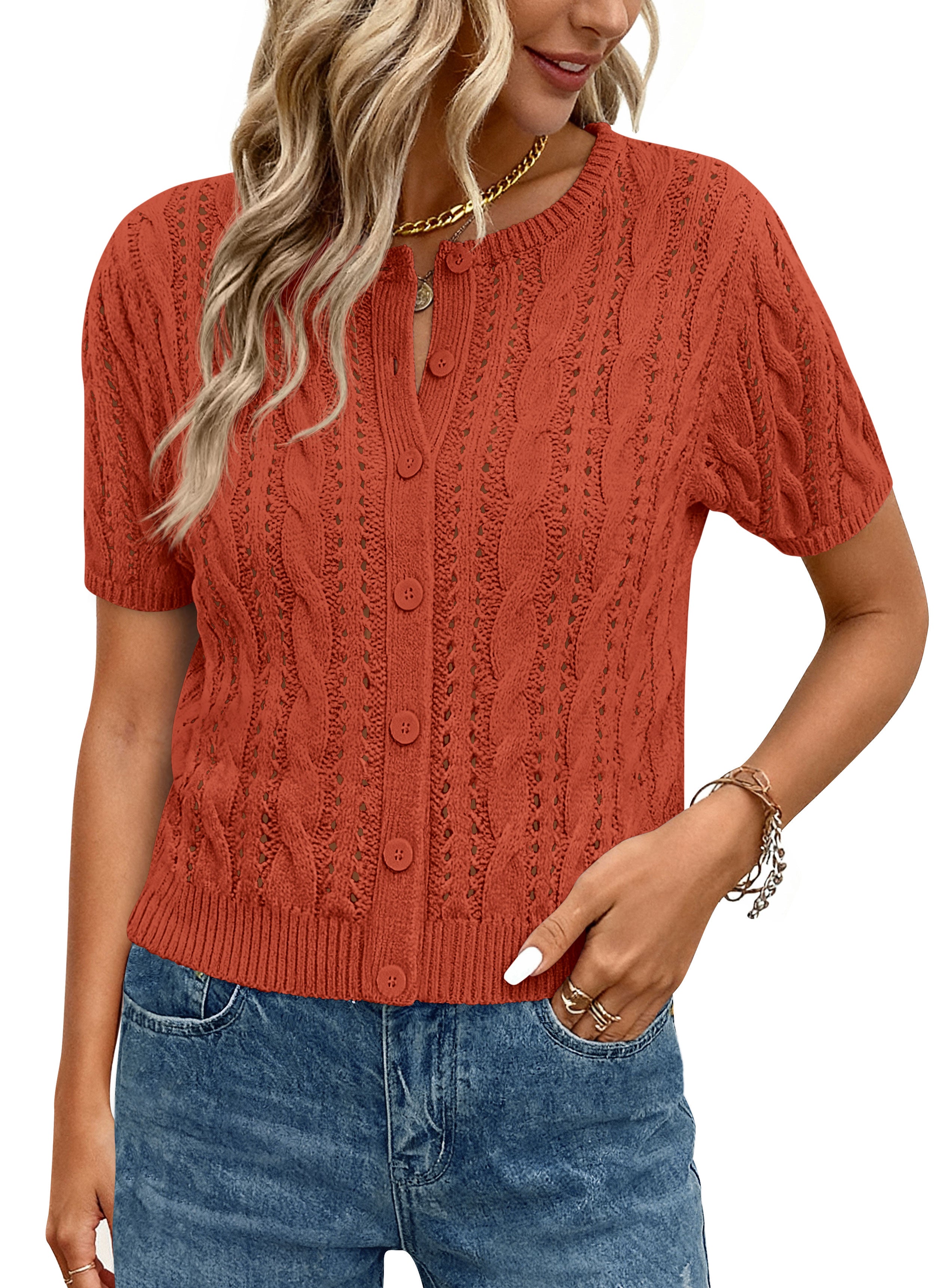 MASCOMODA Womens Crochet Button Cardigan Sweaters Short Sleeve Knit Sweater Vest Hollow Out Shrug Summer Fashion Clothing