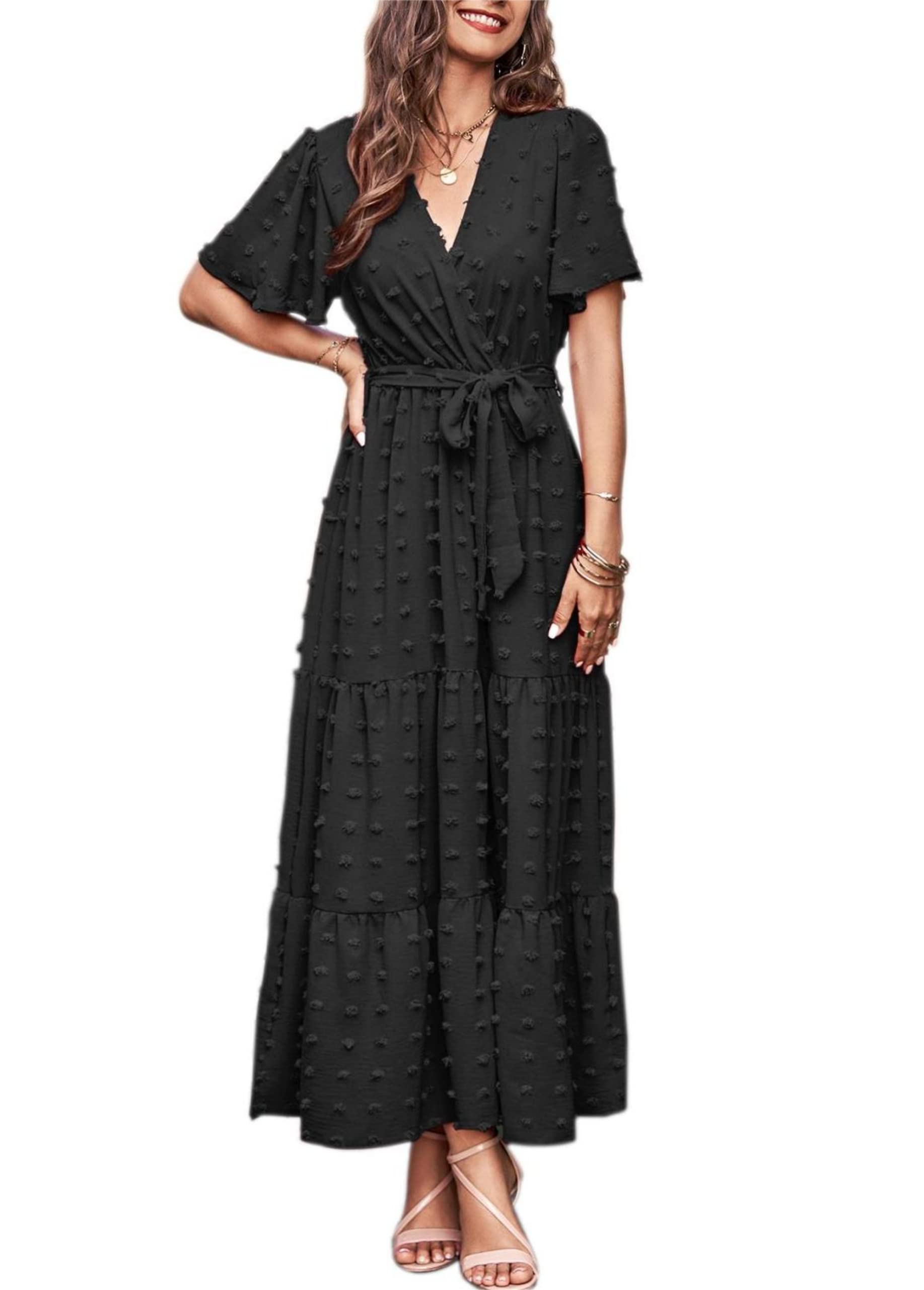 MASCOMODA Womens Summer Swiss Dot Maxi Dressses Wrap V Neck Flutter Short Sleeve Boho Casual Flowy Long Wedding Guest Dress