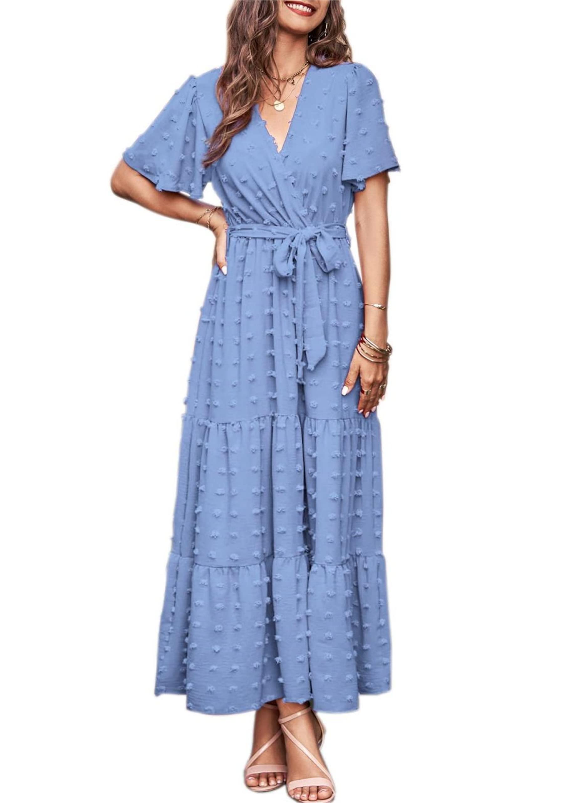 MASCOMODA Womens Summer Swiss Dot Maxi Dressses Wrap V Neck Flutter Short Sleeve Boho Casual Flowy Long Wedding Guest Dress