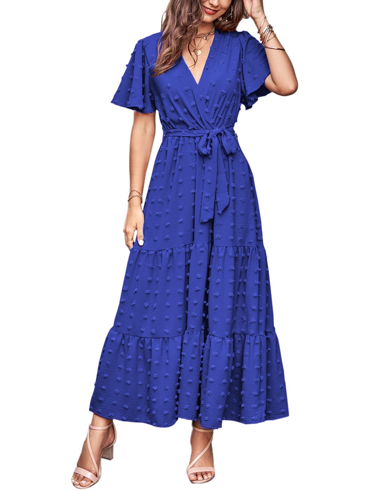 MASCOMODA Womens Summer Swiss Dot Maxi Dressses Wrap V Neck Flutter Short Sleeve Boho Casual Flowy Long Wedding Guest Dress
