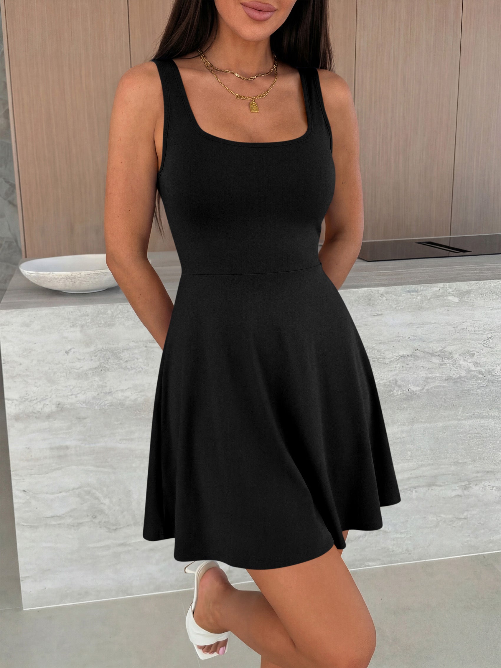 MASCOMODA Womens Sleeveless Mini Dress Summer 2026 Square Neck A Line Fit and Flared Cute Tank Top Short Dresses with Pockets