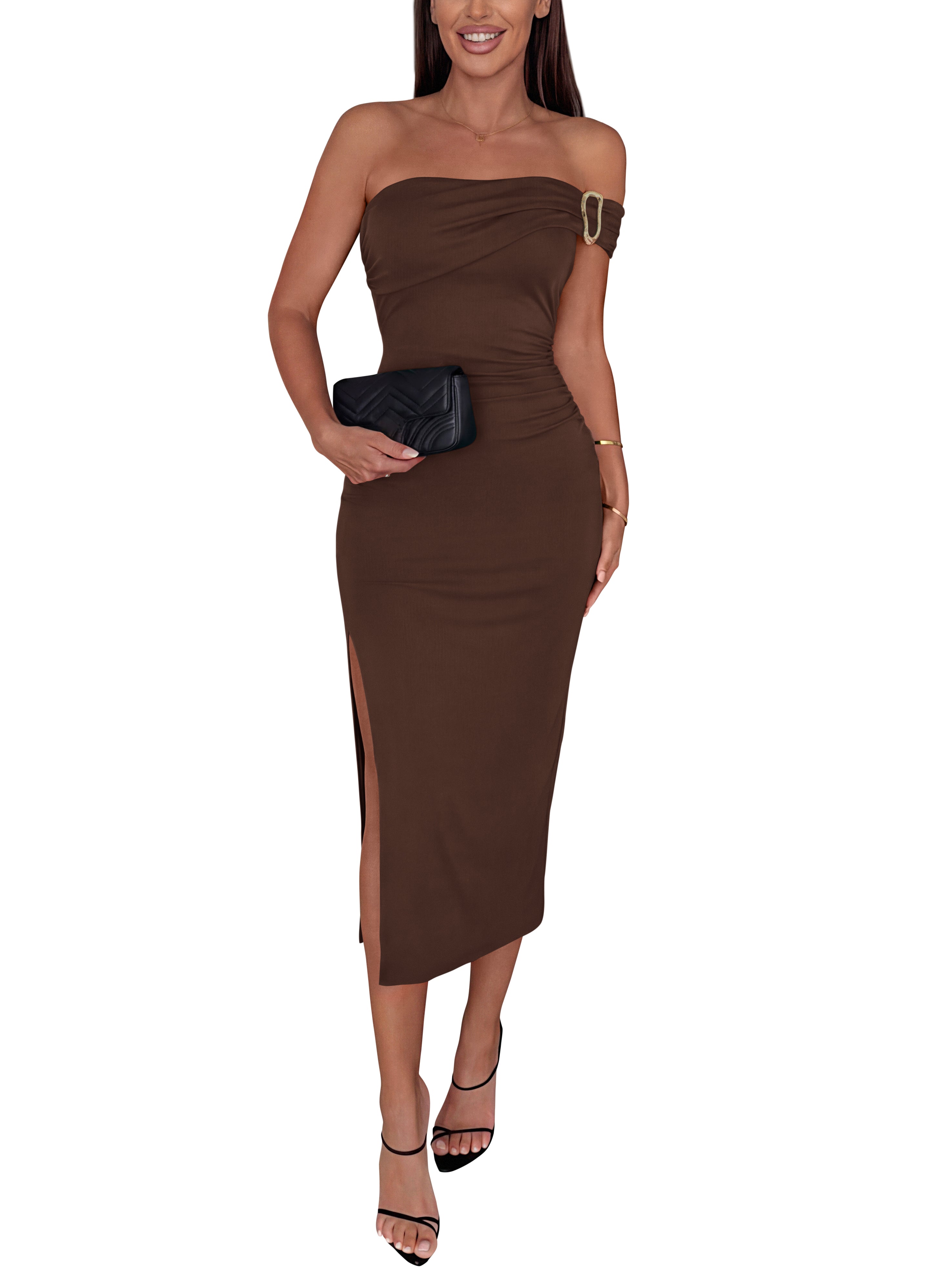 MASCOMODA Womens Summer Off Shoulder Bodycon Midi Dresses Formal Side Slit Long Going Out Strapless Party Cocktail Dress