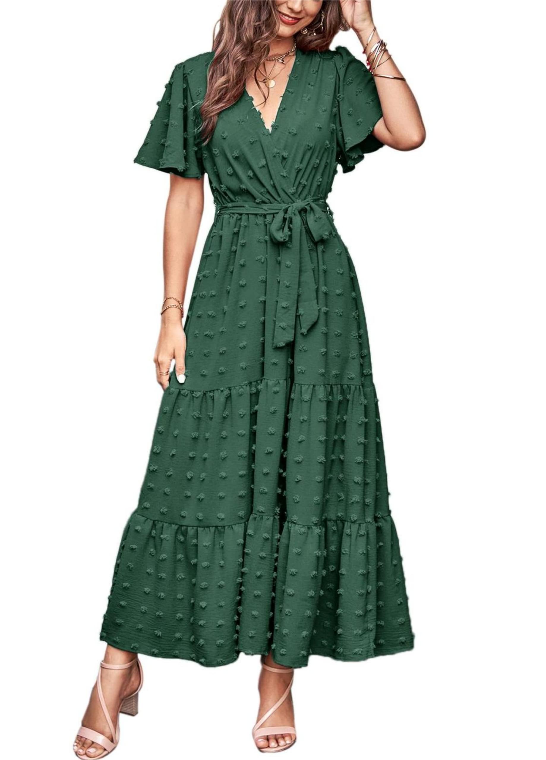 MASCOMODA Womens Summer Swiss Dot Maxi Dressses Wrap V Neck Flutter Short Sleeve Boho Casual Flowy Long Wedding Guest Dress