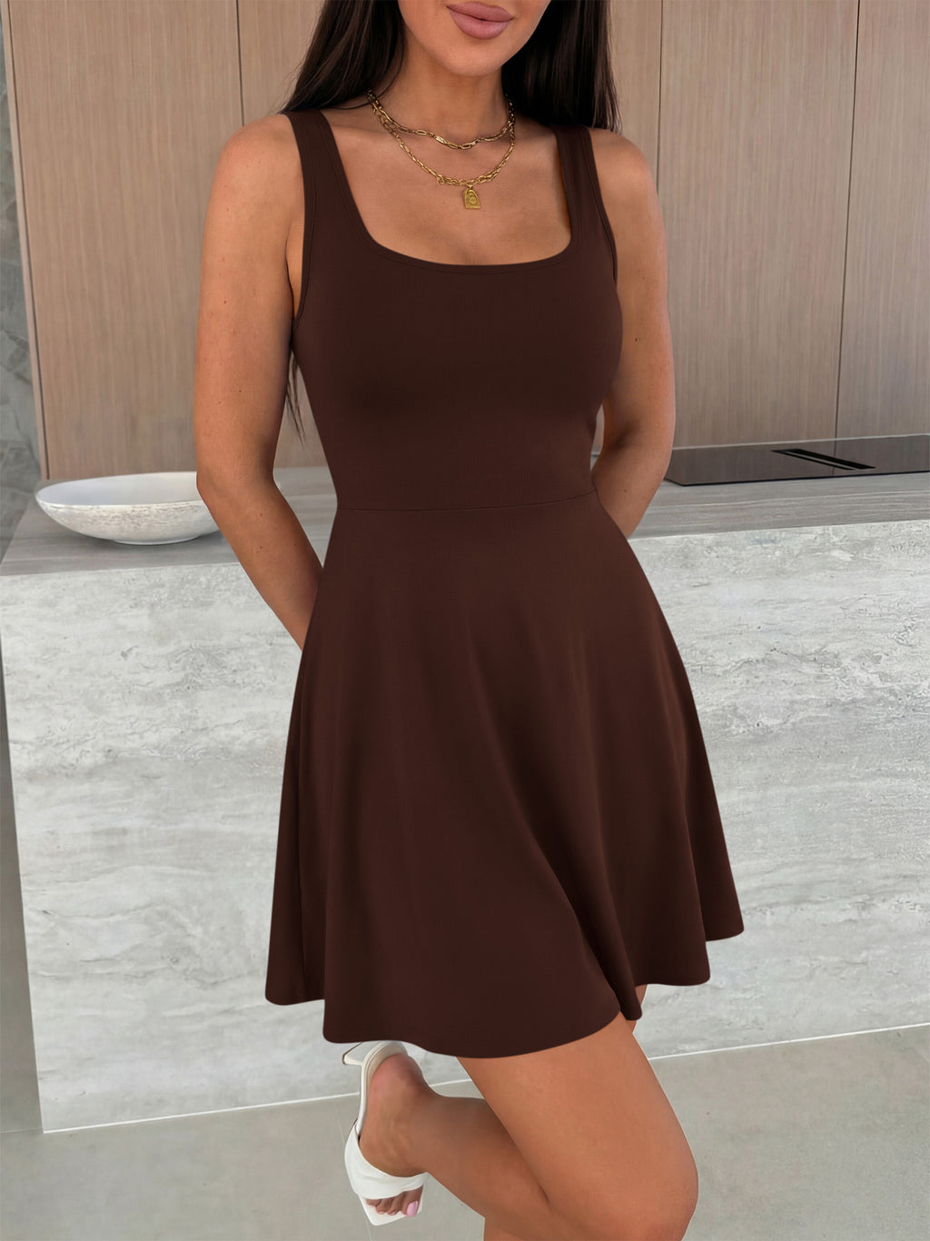 MASCOMODA Womens Sleeveless Mini Dress Summer 2026 Square Neck A Line Fit and Flared Cute Tank Top Short Dresses with Pockets