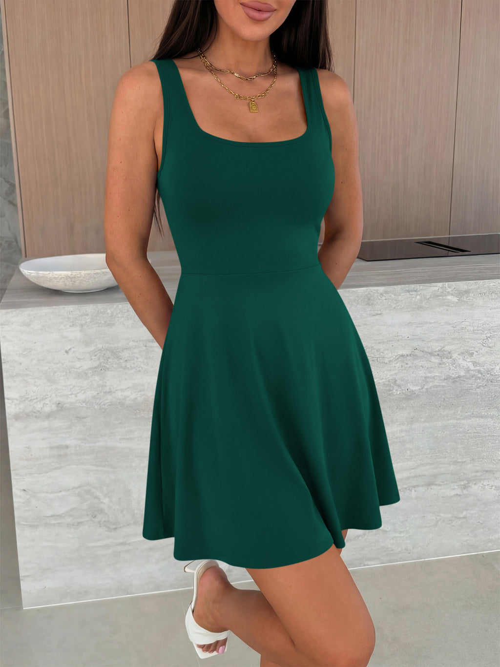 MASCOMODA Womens Sleeveless Mini Dress Summer 2026 Square Neck A Line Fit and Flared Cute Tank Top Short Dresses with Pockets