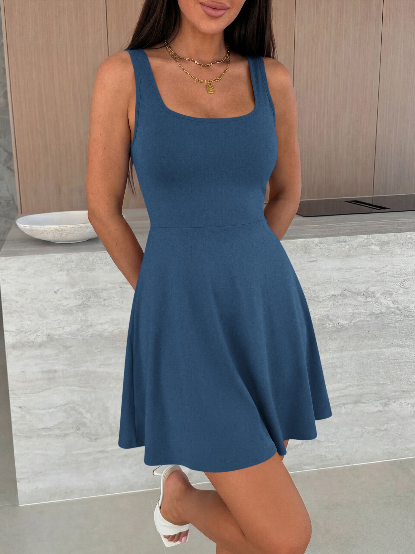 MASCOMODA Womens Sleeveless Mini Dress Summer 2026 Square Neck A Line Fit and Flared Cute Tank Top Short Dresses with Pockets