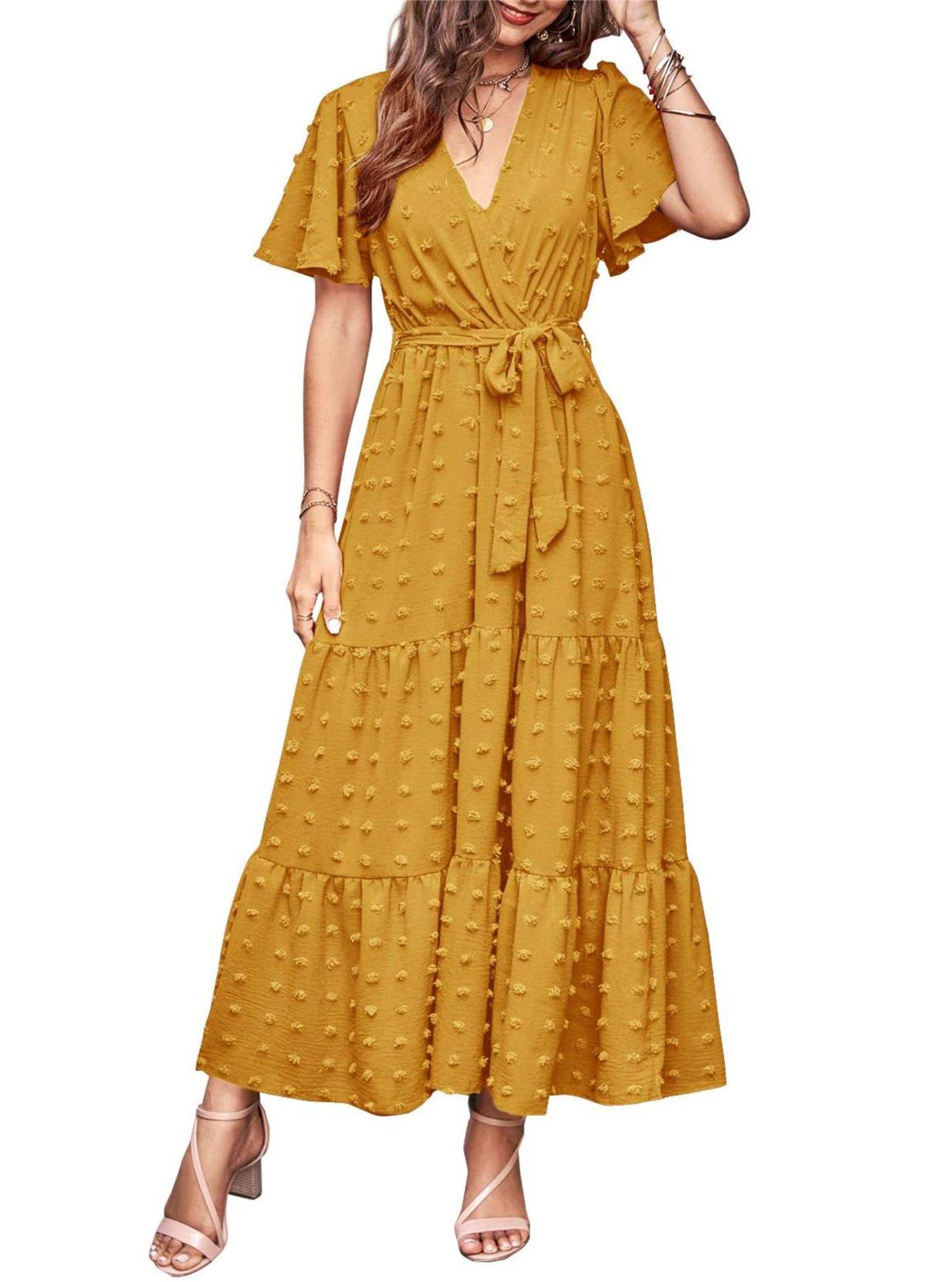 MASCOMODA Womens Summer Swiss Dot Maxi Dressses Wrap V Neck Flutter Short Sleeve Boho Casual Flowy Long Wedding Guest Dress