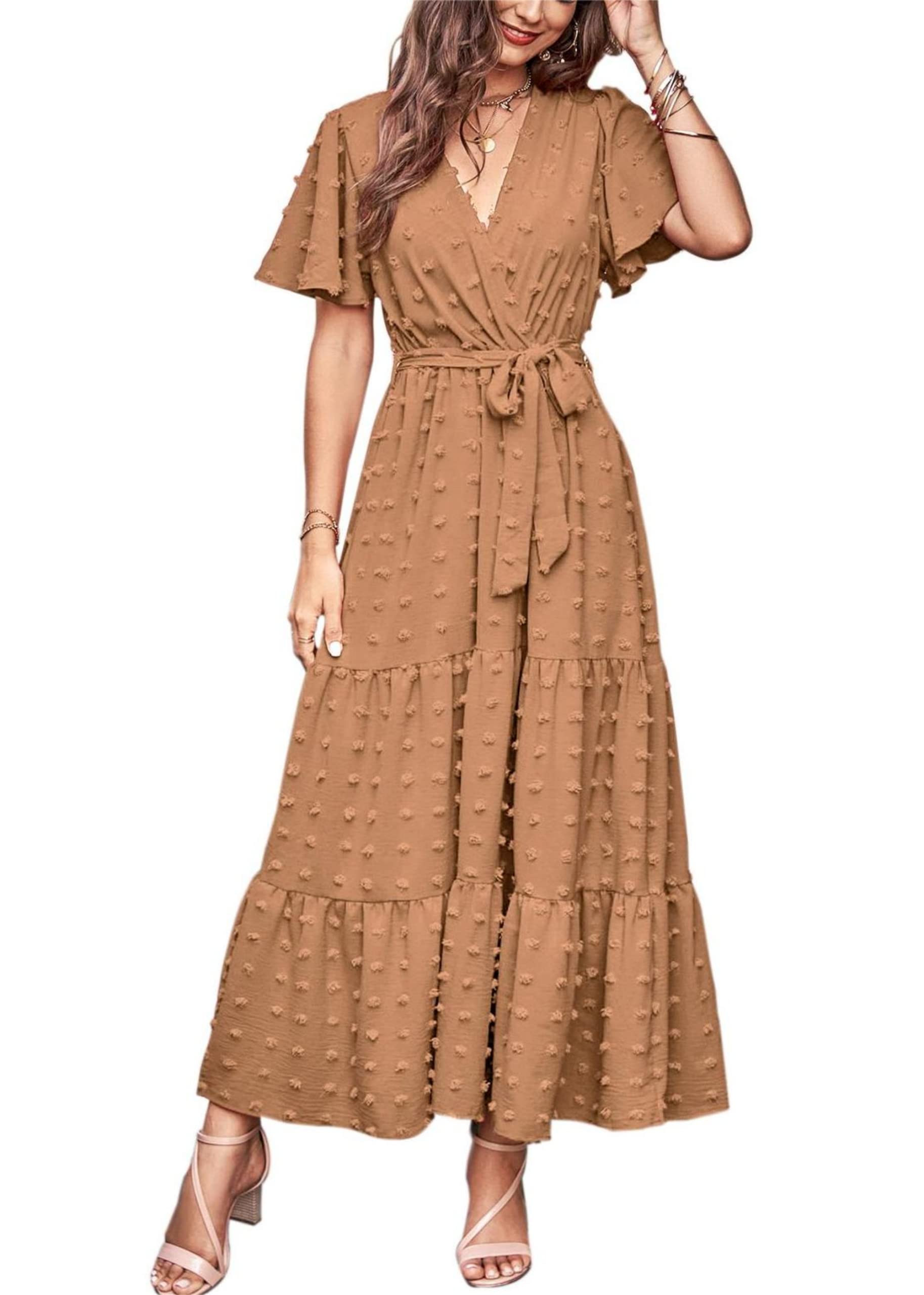 MASCOMODA Womens Summer Swiss Dot Maxi Dressses Wrap V Neck Flutter Short Sleeve Boho Casual Flowy Long Wedding Guest Dress