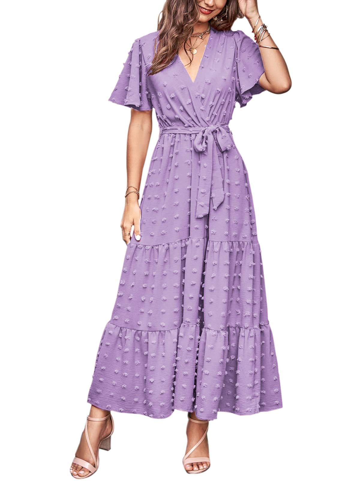 MASCOMODA Womens Summer Swiss Dot Maxi Dressses Wrap V Neck Flutter Short Sleeve Boho Casual Flowy Long Wedding Guest Dress