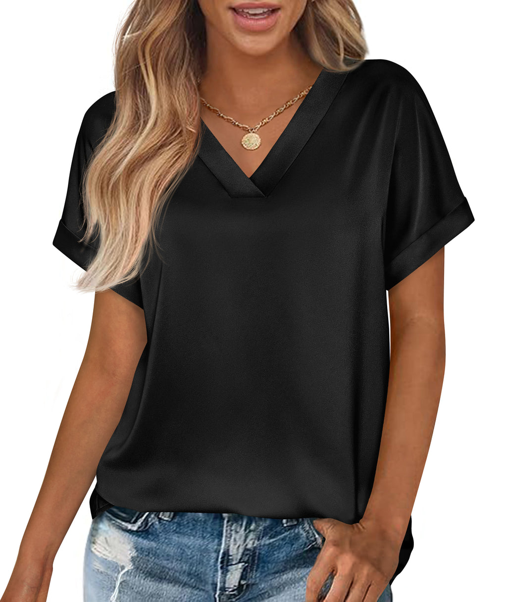 MASCOMODA Womens V Neck Silk Satin Tops Dressy Short Sleeve Work Blouses Spring Summer Loose T Shirts Business Casual Outfits