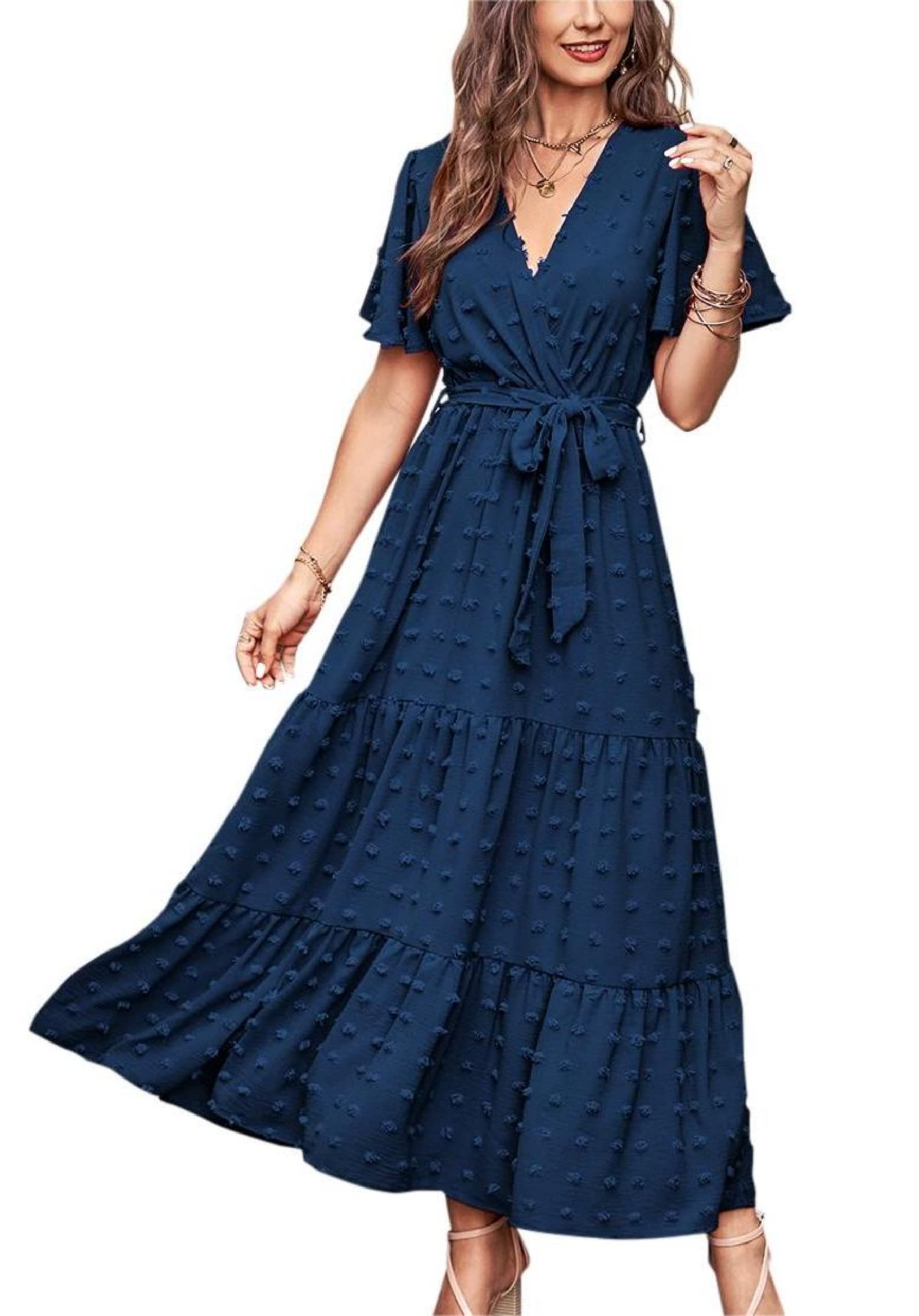 MASCOMODA Womens Summer Swiss Dot Maxi Dressses Wrap V Neck Flutter Short Sleeve Boho Casual Flowy Long Wedding Guest Dress