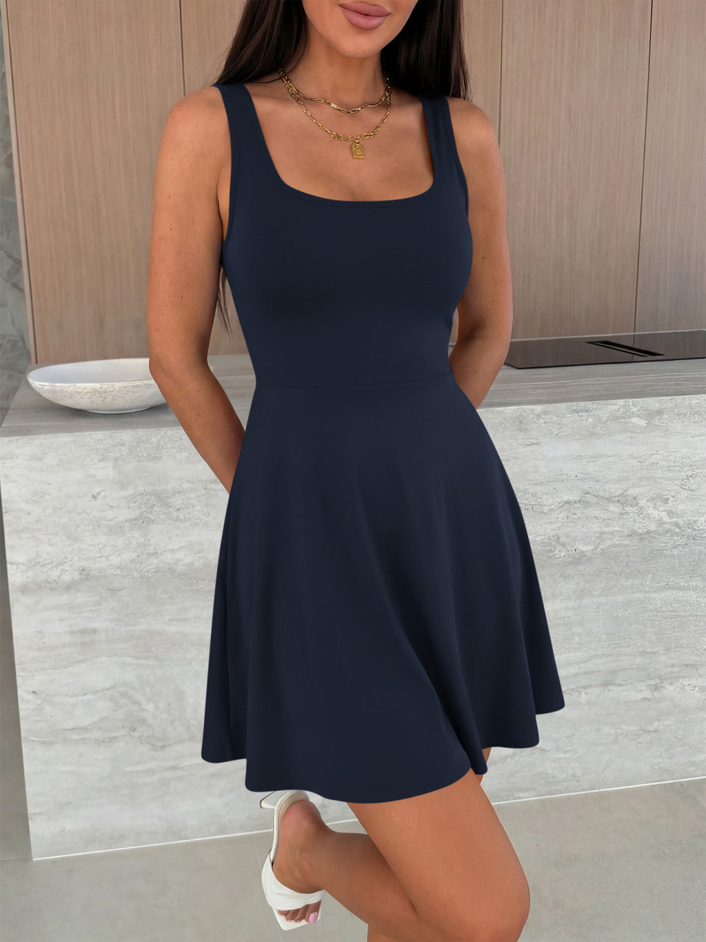 MASCOMODA Womens Sleeveless Mini Dress Summer 2026 Square Neck A Line Fit and Flared Cute Tank Top Short Dresses with Pockets
