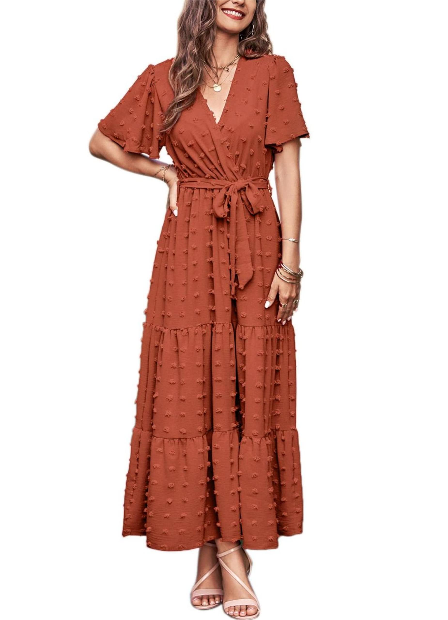 MASCOMODA Womens Summer Swiss Dot Maxi Dressses Wrap V Neck Flutter Short Sleeve Boho Casual Flowy Long Wedding Guest Dress