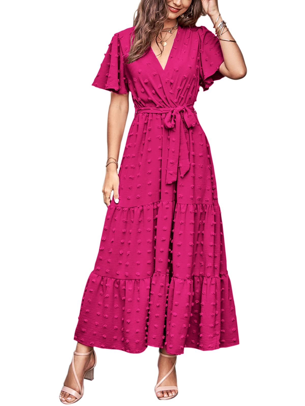 MASCOMODA Womens Summer Swiss Dot Maxi Dressses Wrap V Neck Flutter Short Sleeve Boho Casual Flowy Long Wedding Guest Dress