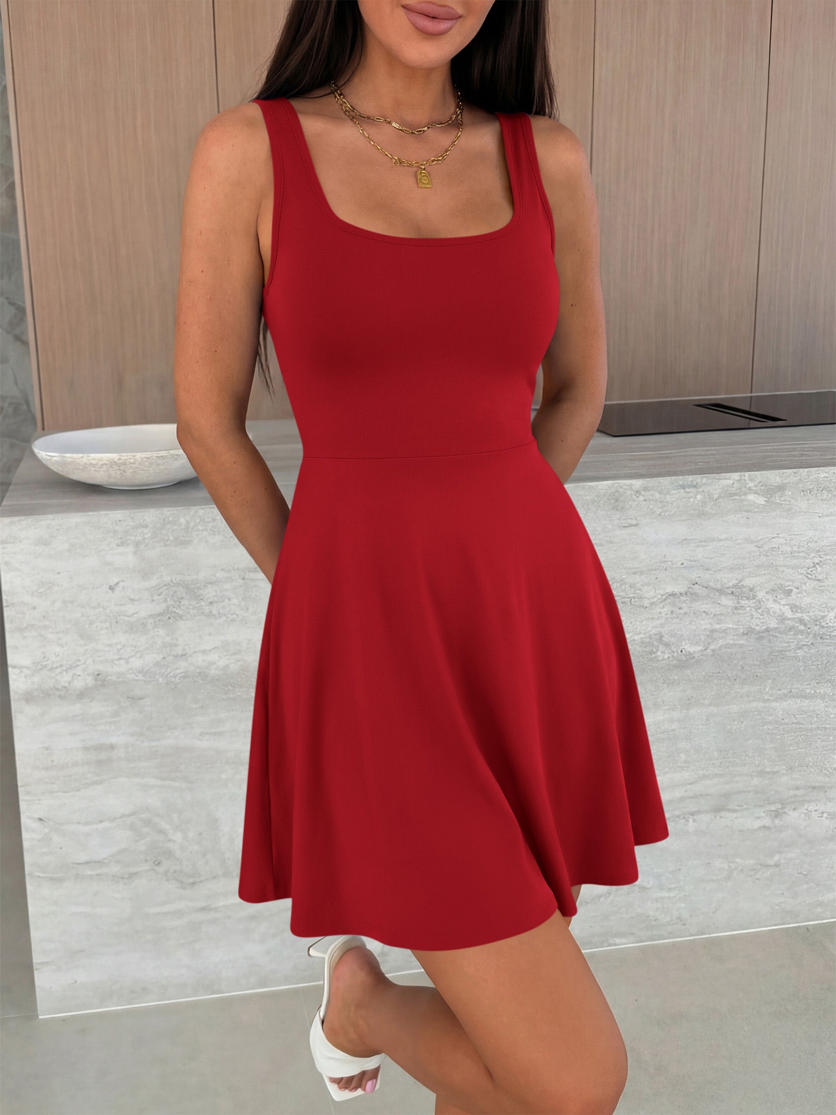 MASCOMODA Womens Sleeveless Mini Dress Summer 2026 Square Neck A Line Fit and Flared Cute Tank Top Short Dresses with Pockets