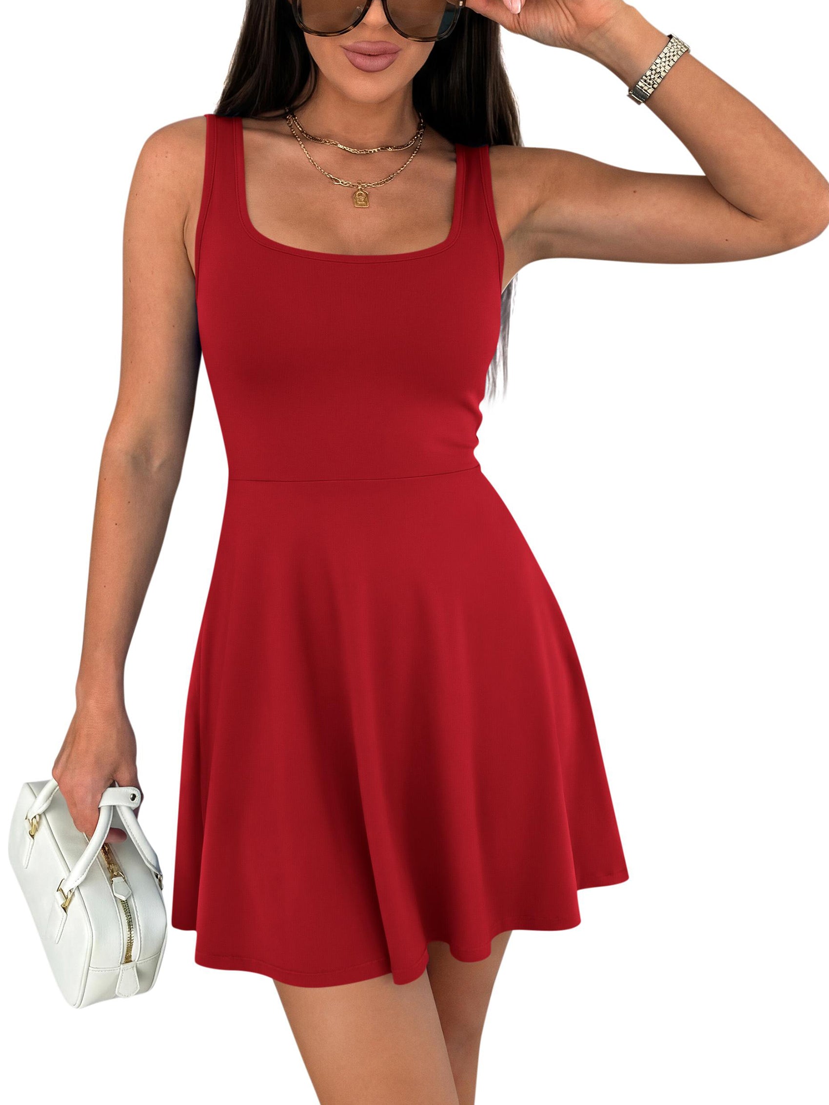 MASCOMODA Womens Sleeveless Mini Dress Summer 2026 Square Neck A Line Fit and Flared Cute Tank Top Short Dresses with Pockets