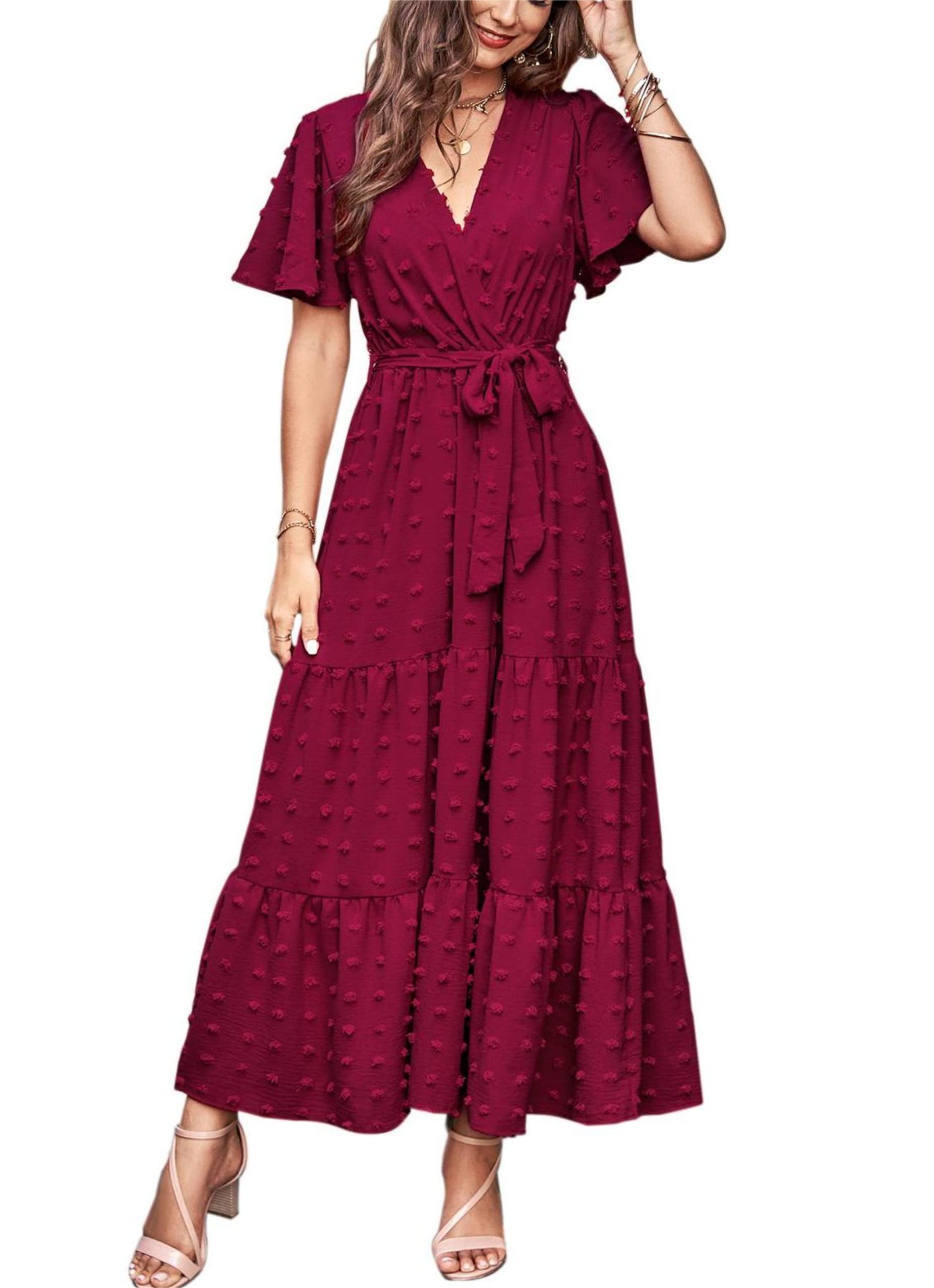 MASCOMODA Womens Summer Swiss Dot Maxi Dressses Wrap V Neck Flutter Short Sleeve Boho Casual Flowy Long Wedding Guest Dress