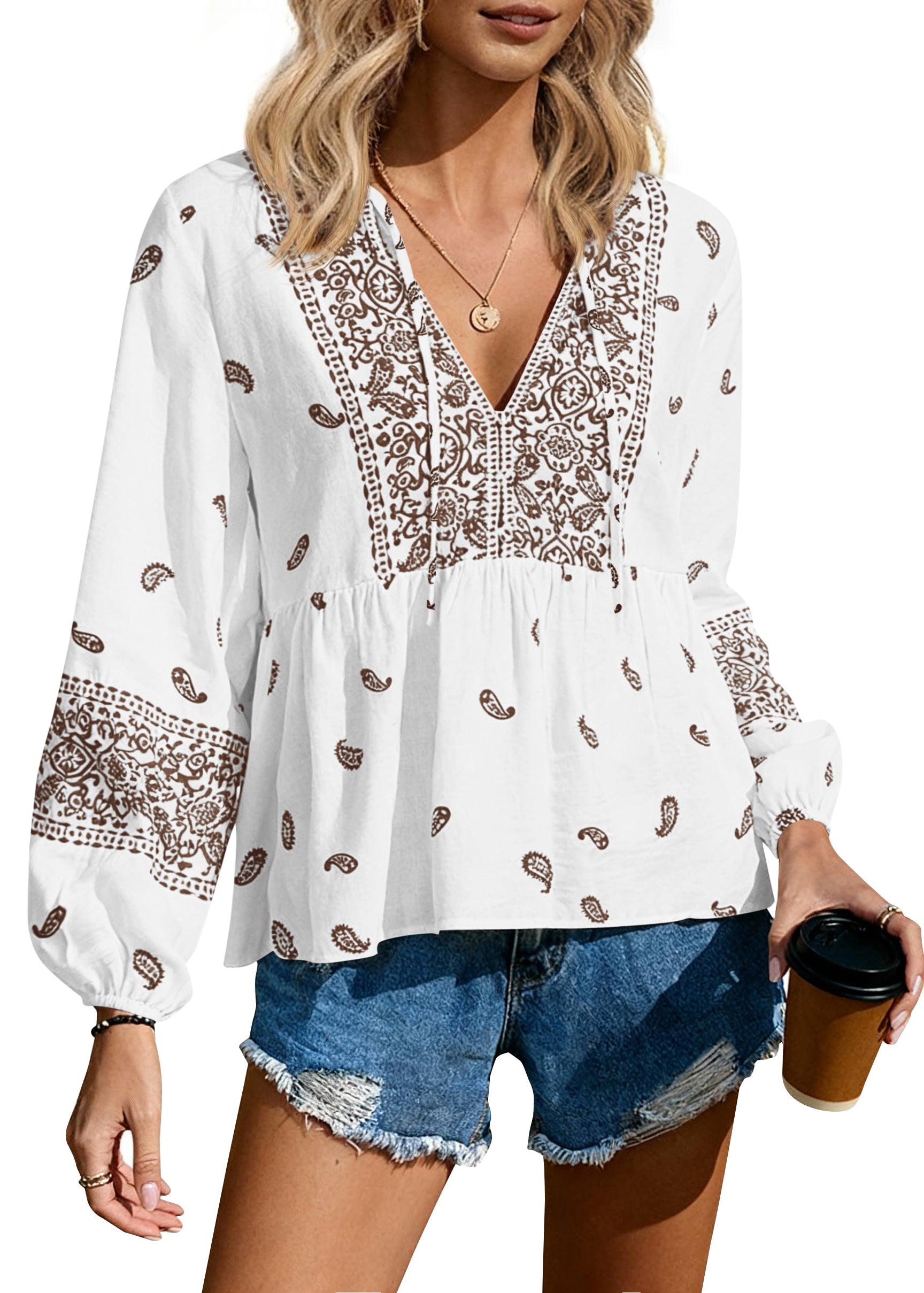 MASCOMODA Womens Ruffle V Neck Boho Tops Casual Puff Long Sleeve Babydoll Top Tie Front Flowy Loose Summer Blouses
